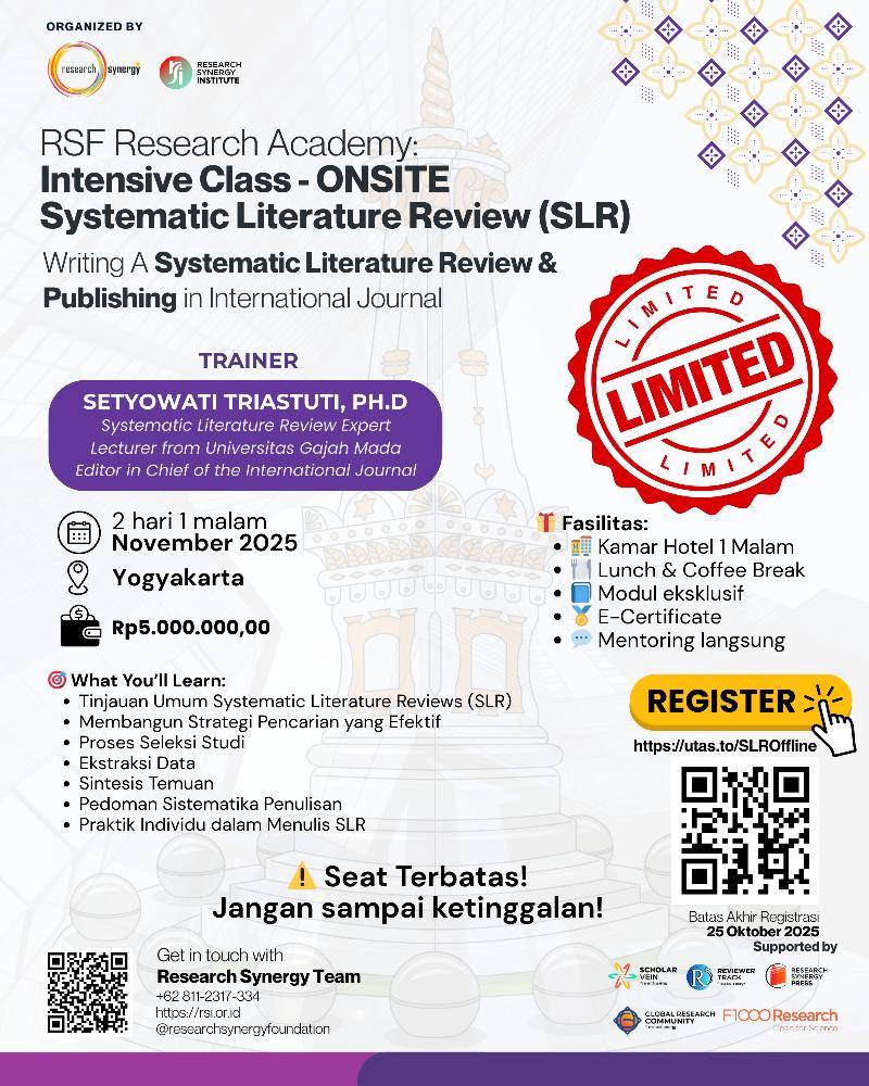 [PREMIUM PACKAGE] Intensive Class - ONSITE  Systematic Literature Review (SLR) : Writing A Systematic Literature Review & Publishing in International Journal