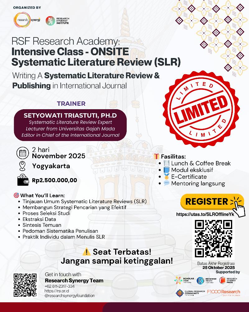 [ESSENTIAL PACKAGE] Intensive Class - ONSITE  Systematic Literature Review (SLR) : Writing A Systematic Literature Review & Publishing in International Journal