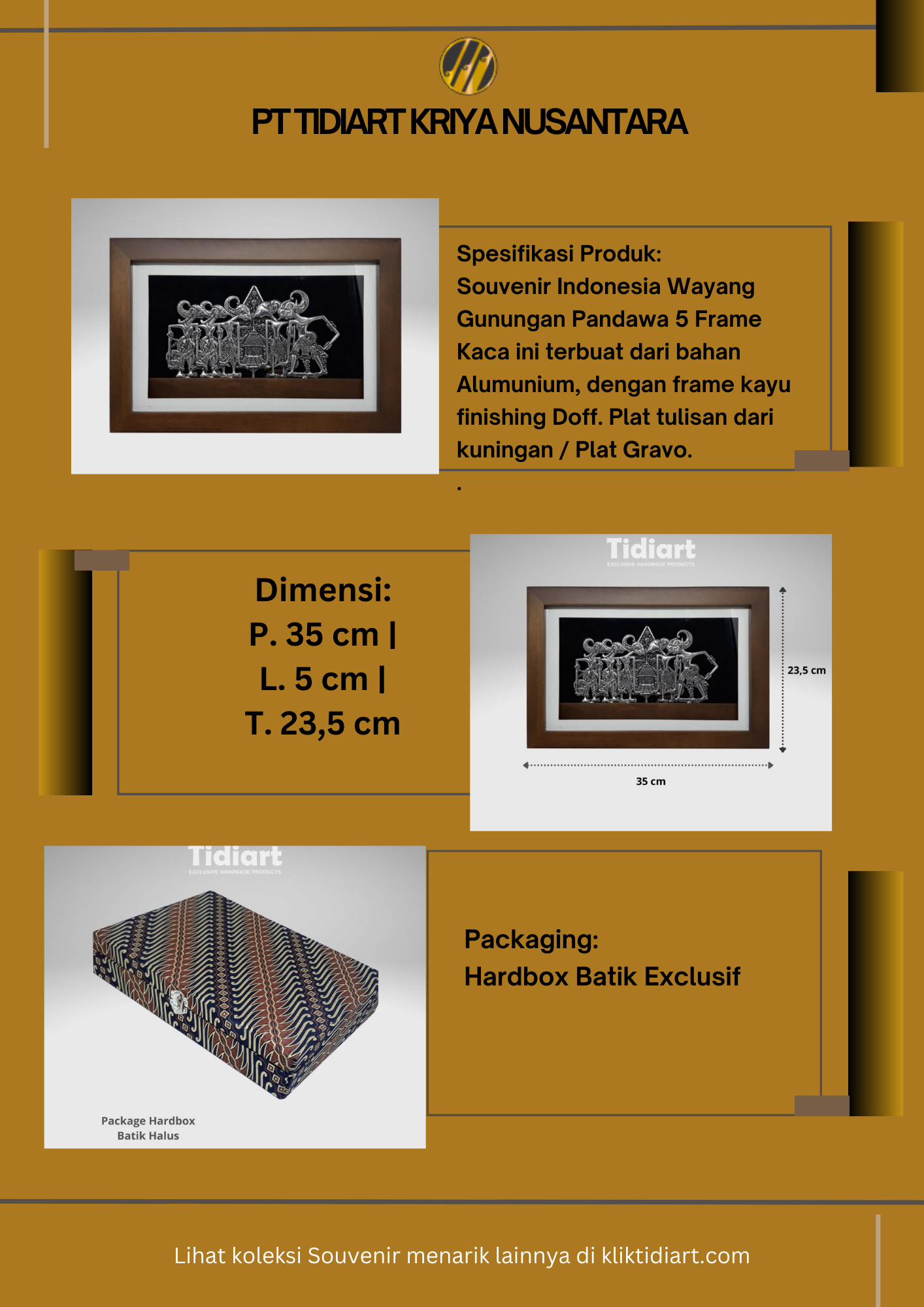 Souvenir Indonesia Wayang Gunungan Pandawa 5 Logam Frame Kaca Eksklusif