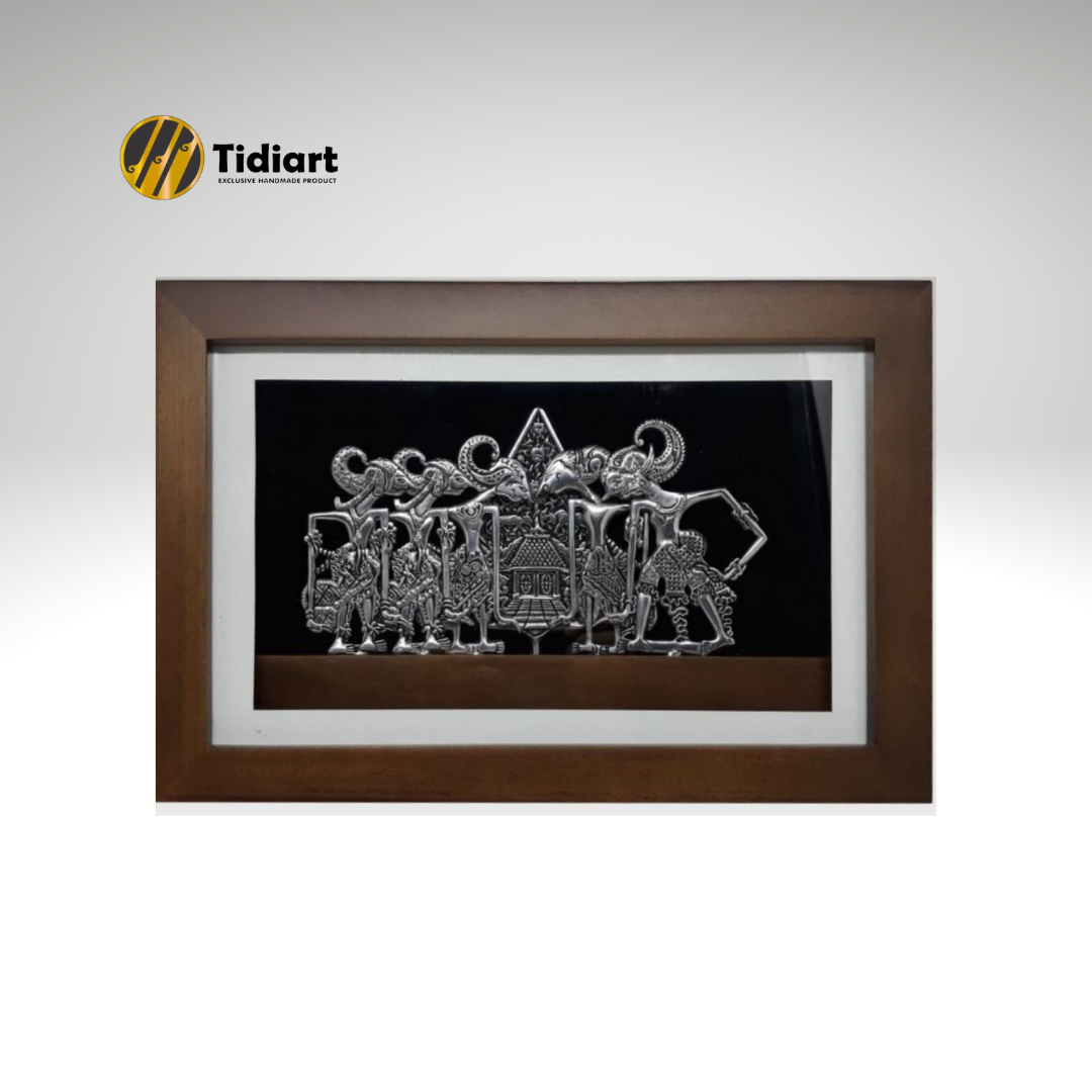 Souvenir Indonesia Wayang Gunungan Pandawa 5 Logam Frame Kaca Eksklusif